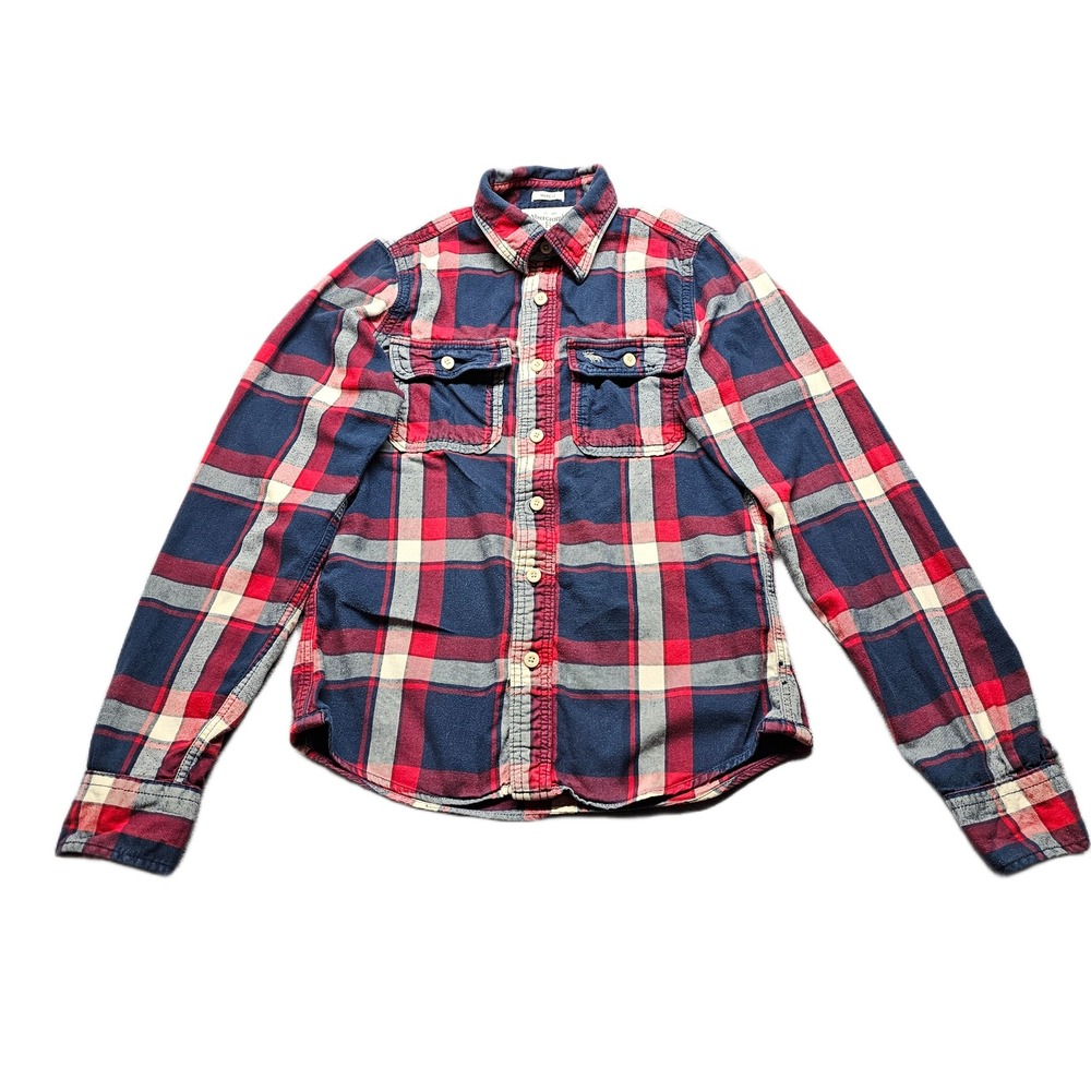 Abercrombie & Fitch Flannel Shirt Mens M Red Blue Plaid Muscle Fit Long Sleeve